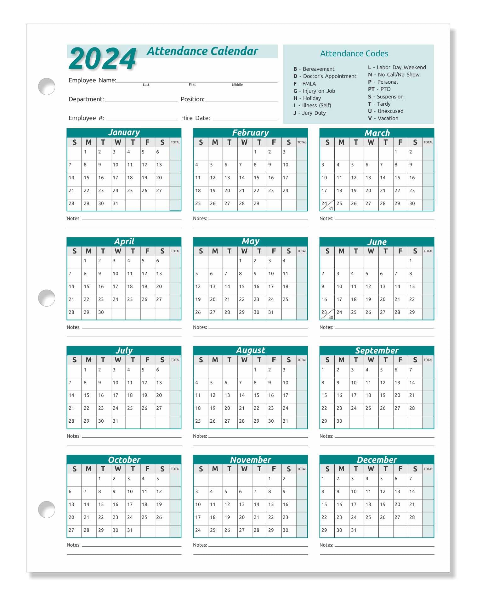NEXT YEAR - Work Tracker Attendance Calendar Cards- 8 ½ X 11 Cardstock / Pack of 25 Sheets (2024)