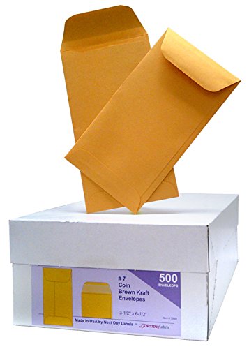 Box of 500 #7 Coin Brown Kraft Envelopes, for Small Parts, Cash etc., Size: 3.5 x 6.5