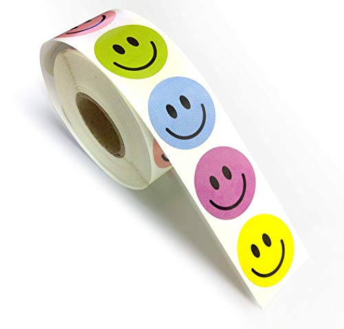 Assorted Color Happy Smiley Face Circle Dot Incentive 1 Round Stickers for Rewards, School, Home Etc, 1 Roll Per Package, 500 Labels Per Roll - 100 of Each Color.