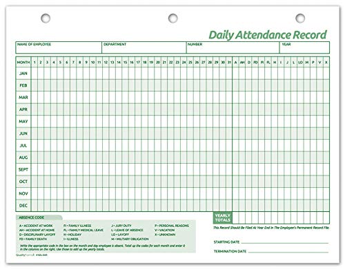 Employee Daily Attendance History Records, Letter Size Cards (25 Forms)