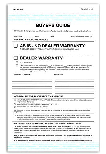 2 Part Dealer Buyers Guide Form, English Format - As is - No Dealer Warranty/Dealer Warranty (200)