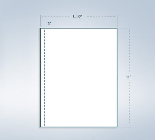 8-1/2 x 11 24# Laser cut sheet, 1 Vertical perforation @ 1/2" from Left