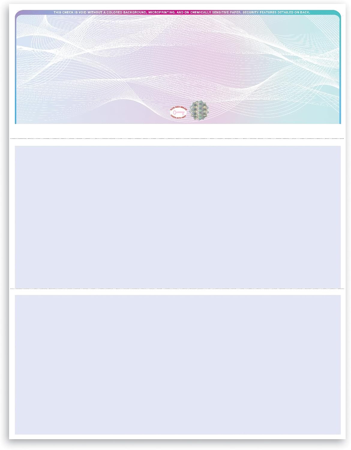 Blank Hologram Premium Laser Computer Checks Three Colors - High-Security Check on top.