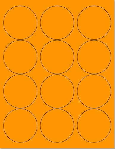 Pack of 25 Sheets, 8-1/2 x 11" Fluorescent Labels for Laser & Inkjet Printer. Orange Fluorescent, 2-1/2" Round - 12 per Page.