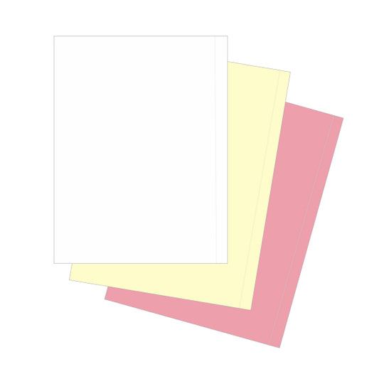 9" x 11" 3 Part NCR Superior White/Yellow/Pink Straight Collated Paper With 1/2" Perforation on Side, Item #5796