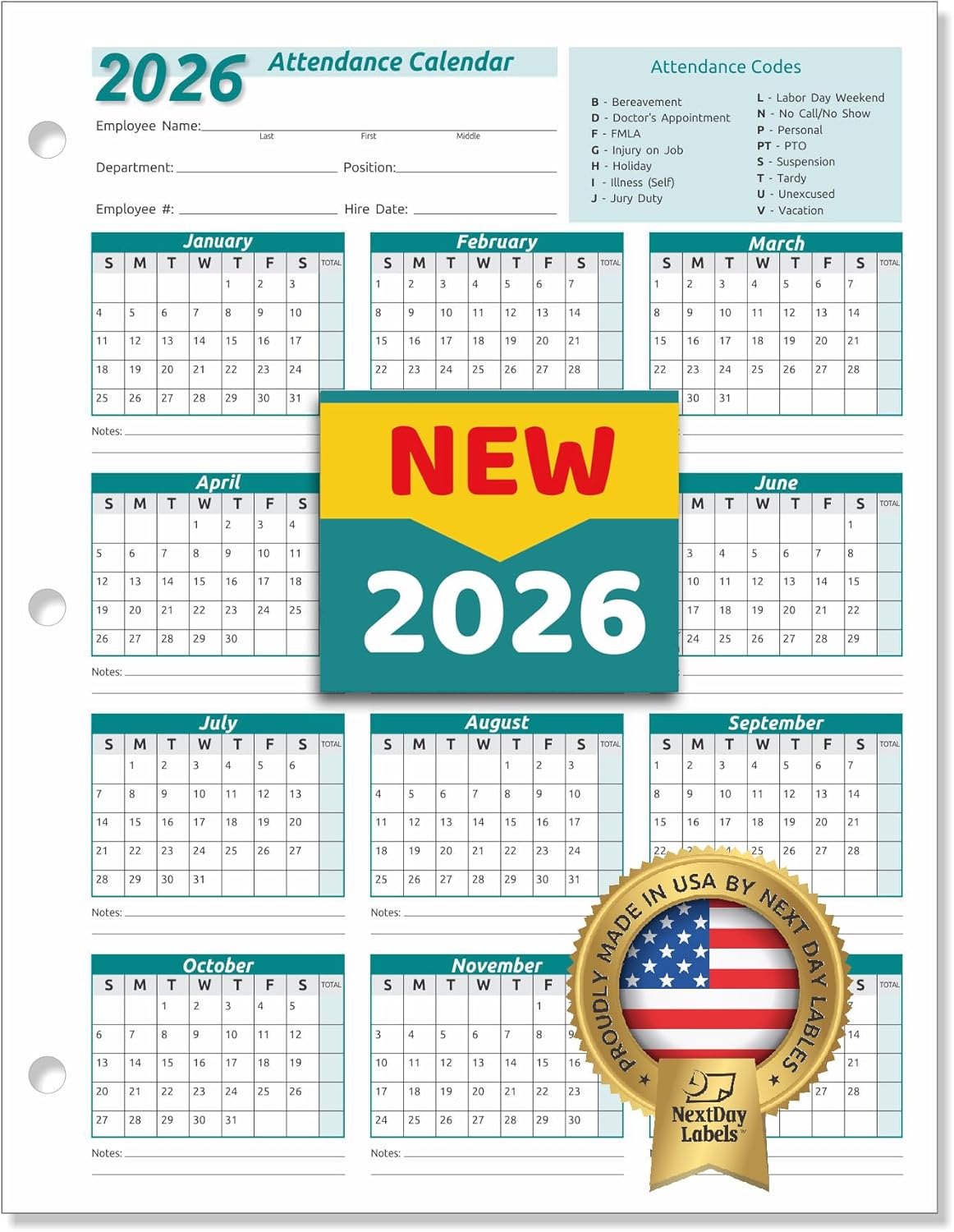 NEXT YEAR - Work Tracker Attendance Calendar Cards- 8 ½ X 11 Cardstock / Pack of 25 Sheets (2026)