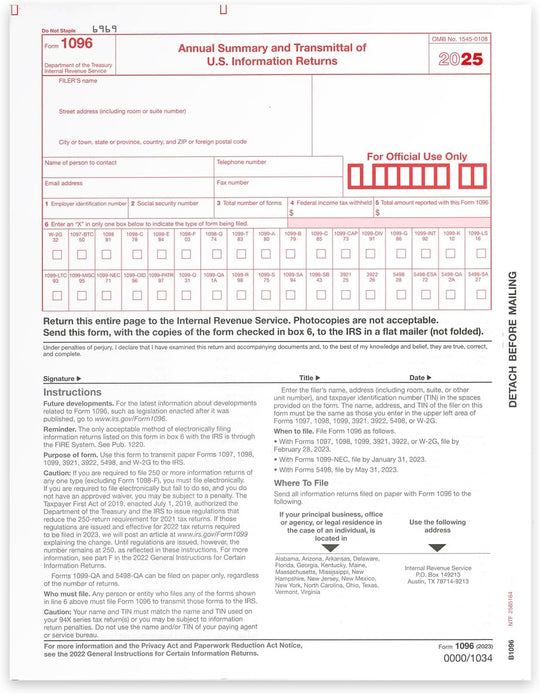 1096 Transmittal 2025 Tax Forms, Pack of 10, for Laser or Inkjet Printers, Quickbooks and Other Accounting Software Compatible