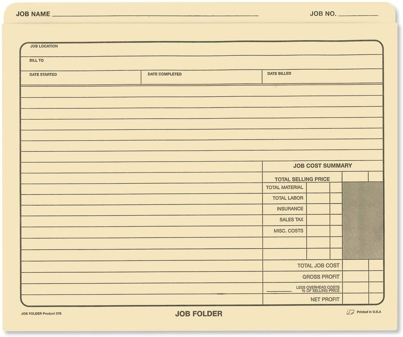 Classic Manila File Jacket 10" x 12" Job Folders " Heavy Duty - Preprinted to Track Job Progress, Calculating Cost, and Customer Correspondences.