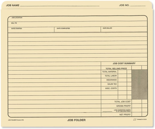 Classic Manila File Jacket 10" x 12" Job Folders " Heavy Duty - Preprinted to Track Job Progress, Calculating Cost, and Customer Correspondences.