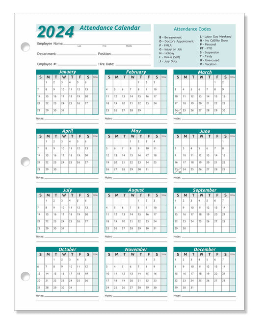 NEXT YEAR - Work Tracker Attendance Calendar Cards- 8 ½ X 11 Cardstock / Pack of 25 Sheets (2024)
