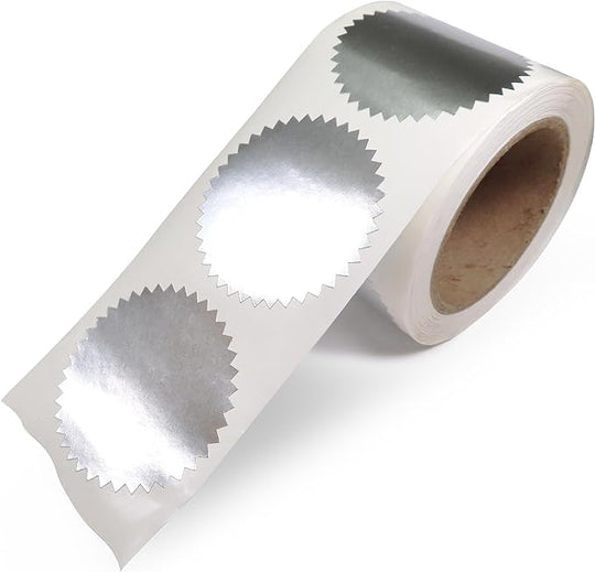 Next Day Labels 2" Round, Silver Metallic Package, Envelope, Certificate Wafer Seals with Serrated Edge. 250 Stickers Per Roll