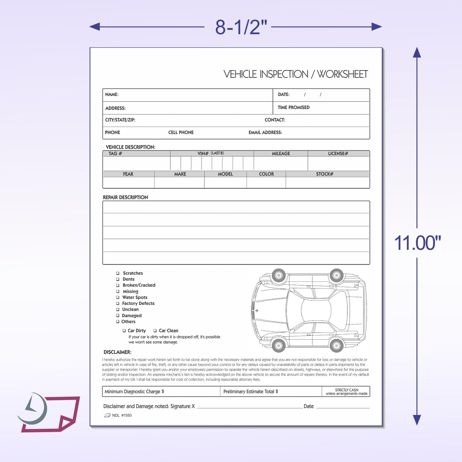 8-1/2 x 11" Vehicle Inspection Worksheet for Auto Haulers 2 Part Carbonless Form