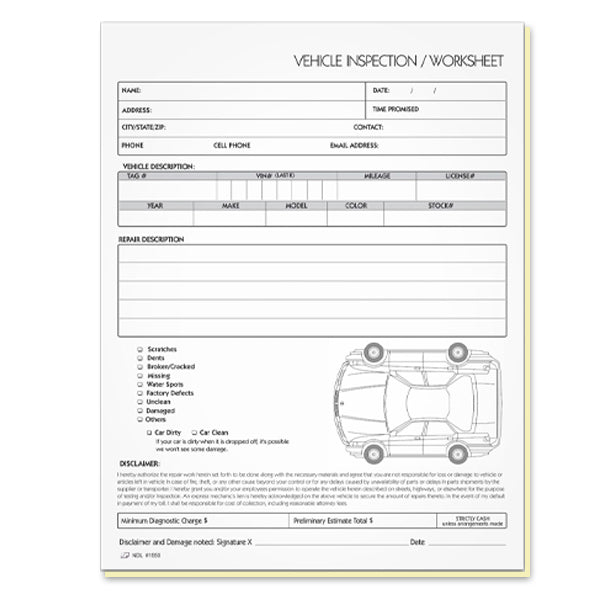 8-1/2 x 11" Vehicle Inspection Worksheet for Auto Haulers 2 Part Carbo ...
