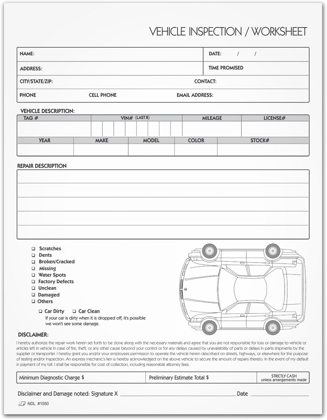 8-1/2 x 11" Vehicle Inspection Worksheet for Auto Haulers 2 Part Carbonless Form