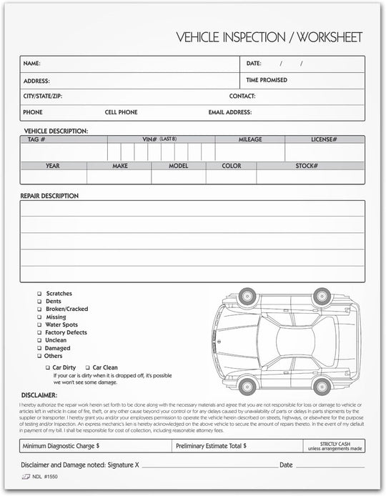 8-1/2 x 11" Vehicle Inspection Worksheet for Auto Haulers 2 Part Carbonless Form