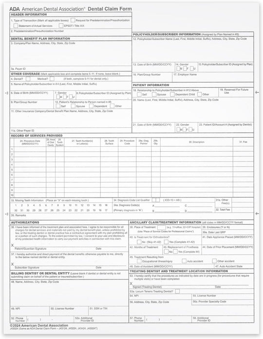 ADA Dental Claim Insurance Claim Forms, 8-1/2" X 11", for Laser or Ink Jet Printers.