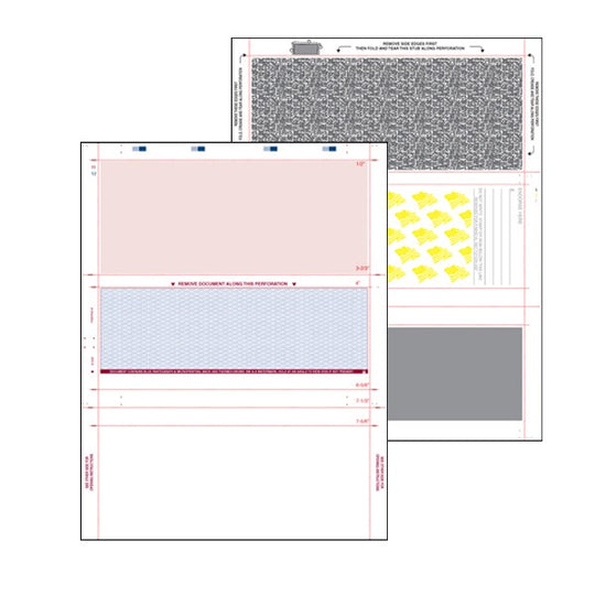 PSEPRZ-B 8 1/2" x 11" Pressure Seal Form Blue Check and Red Stub, Z Fold Payroll, with void and artificial watermarks.