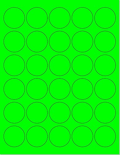Pack of 25 Sheets, 8-1/2 x 11" Fluorescent Labels for Laser & Inkjet Printer. Green Fluorescent, 1.5" Round - 30 per Page.