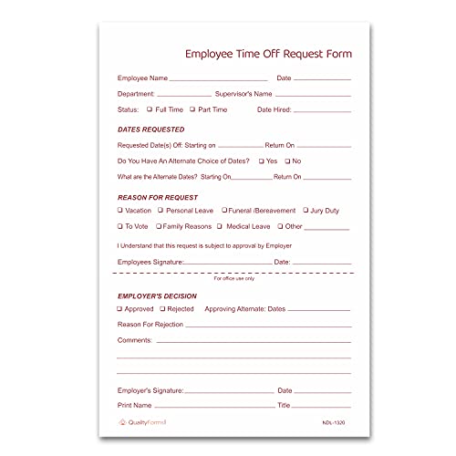 Pack of 100 Sets 2 Part NCR Carbonless Time Off Request Forms