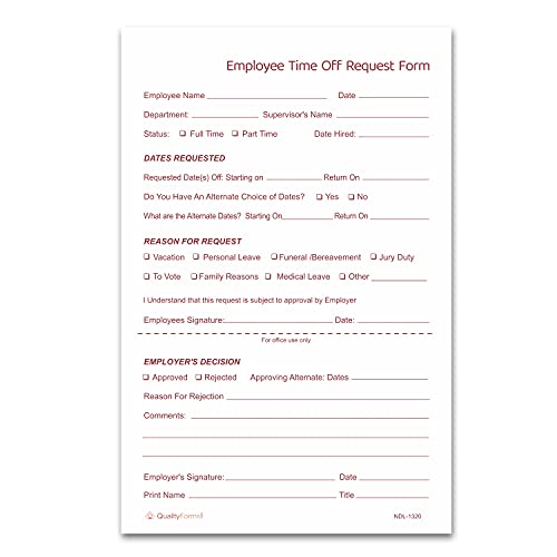 Pack of 100 Sets 2 Part NCR Carbonless Time Off Request Forms - Apple Forms