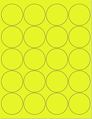 Pack of 25 Sheets, 8-1/2 x 11" Fluorescent Labels for Laser & Inkjet Printer. Yellow Fluorescent, 2" Round - 20 Per Page.
