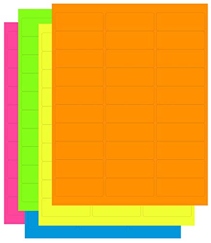 Assorted Fluorescent Address Labels - 5 Colors - Green, Orange, Blue, Yellow and Pink - 5 Sheets of Each Color - 1" x 2-5/8" - 30 Per Page - 750 Labels
