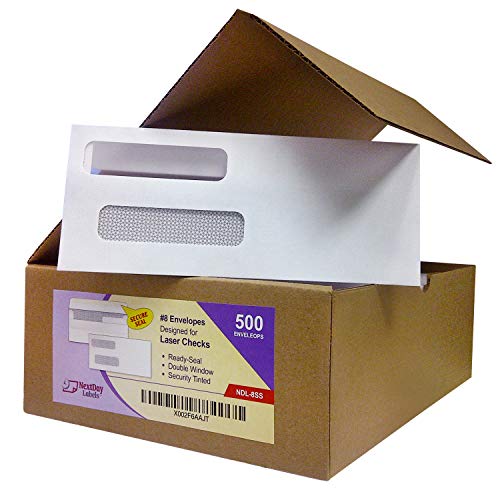 Box of 500 Number 8 Envelopes, Size fits QuickBooks Printed Checks, Double Window Security Check Envelope, Flip and Seal, Measures 3-5/8 inch x 8-11/16 inches