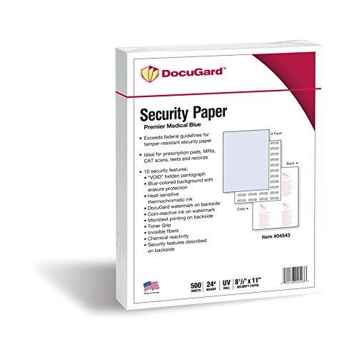 DocuGard Premier Medical Security Paper for Printing Prescriptions and Preventing Fraud, CMS Approved, 10 Security Features, Laser and Inkjet Safe, Blue, 8.5 x 11, 24 lb., 500 Sheets (04543)