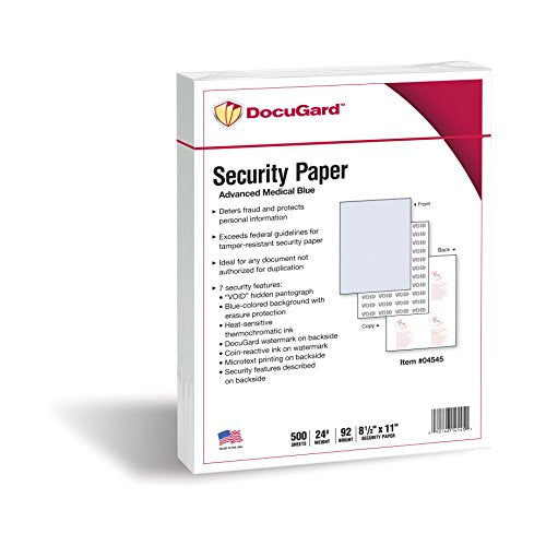 DocuGard Advanced Medical Security Paper for Printing Prescriptions and Preventing Fraud, CMS Approved, 7 Security Features, Laser and Inkjet Safe, Blue, 8.5 x 11, 24 lb., 500 Sheets (04545)