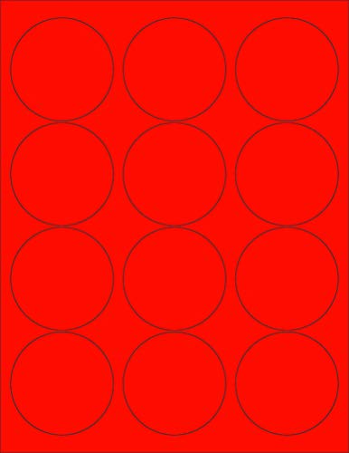 8-1/2 x 11" Neon Color High Light Fluorescent Labels for Laser & Inkjet Printer. RED Fluorescent, 2.5" Round - 12 Per Page.