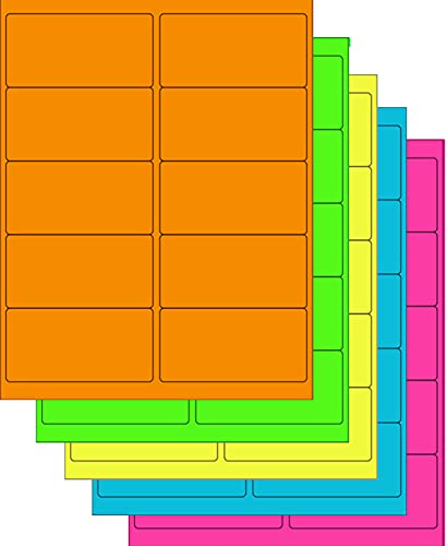Assorted Fluorescent Labels - 5 Colors - Green, Orange, Blue, Yellow and Pink - 5 Sheets of Each Color - 4"x 2" - 10 Per Page - 250 Labels