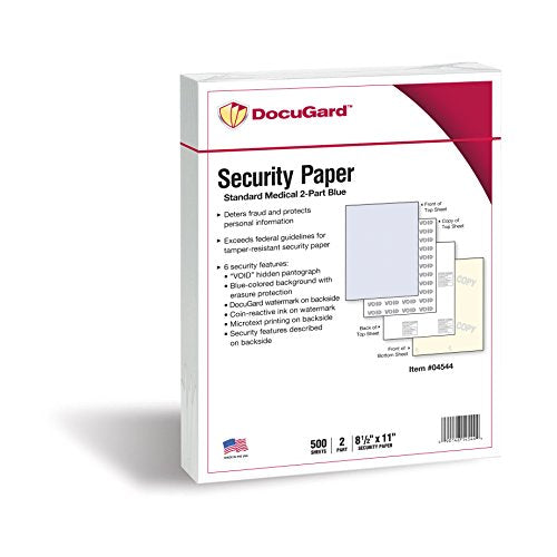 DocuGard Standard Medical Security Paper for Printing Prescriptions and Preventing Fraud, CMS Approved, 6 Security Features, Laser and Inkjet Safe, Blue/Canary 2-Part, 8.5 x 11, 24 lb., 250 Sets (04544)