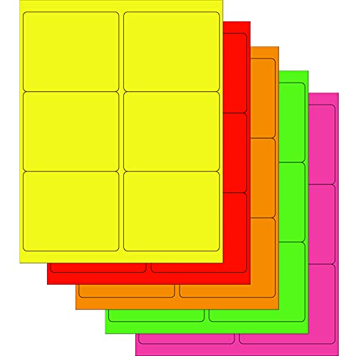 Assorted Fluorescent Labels - 5 Colors -Yellow, Red, Orange, Green and Pink - 5 Sheets of Each Color - 4" x 3-1/3" - 6 Per Page - 150 Labels