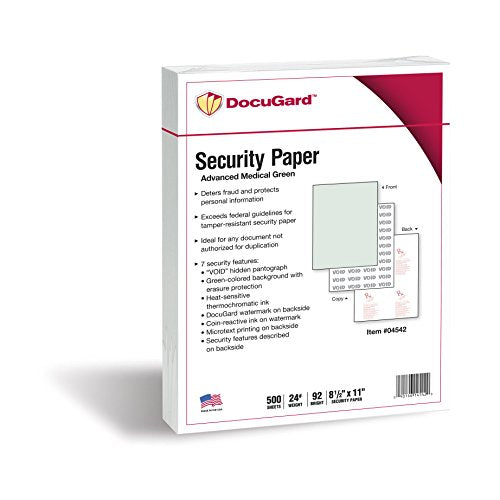 DocuGard Advanced Medical Security Paper for Printing Prescriptions and Preventing Fraud, CMS Approved, 7 Security Features, Laser and Inkjet Safe, Green, 8.5 x 11, 24 lb., 500 Sheets (04542)