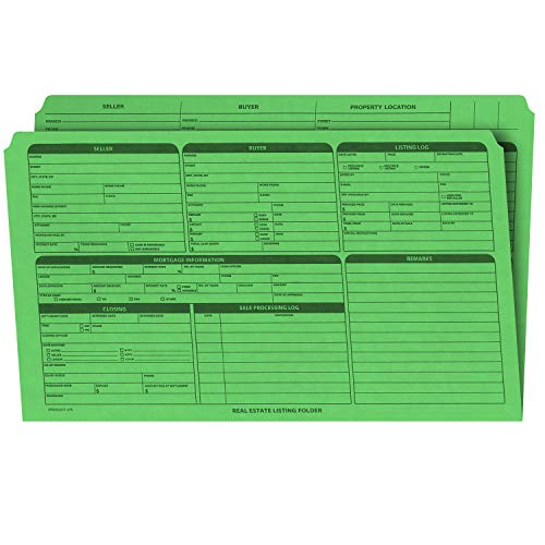 Real Estate Listing Folder Right Panel List, Pre-Printed on Durable Card Stock with Closing Checklist and Color-Coded Dots for Organizing (Green, Legal Size - Pack of 25)