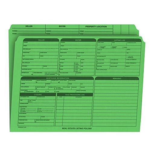 Real Estate Listing Folder Right Panel List, Pre-Printed on Durable Card Stock with Closing Checklist and Color-Coded Dots for Organizing (Green, Letter Size - Pack of 25)