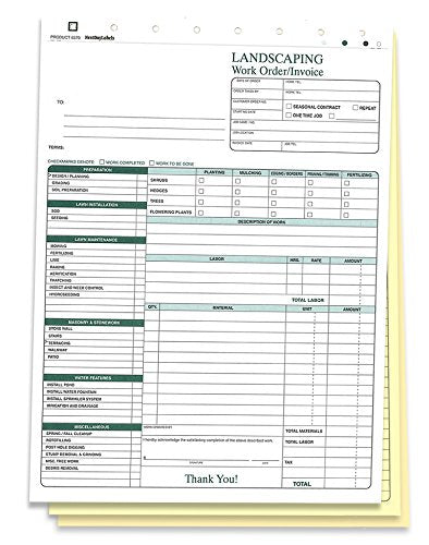 Landscaping Work Order Form/Invoice/Billing Sheets, 3 Part Carbonless (100 Sets) Letter Size Forms