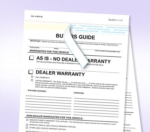 2 Part Dealer Buyers Guide Form, English Format - As is - No Dealer Warranty/Dealer Warranty (100)