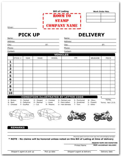 Vehicle Straight Bills of Lading
