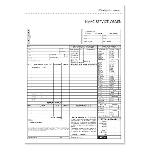 HVAC Service Order Invoice & Repair Detail Form, 3 Part Carbonless (100 Sets) Letter Size Forms