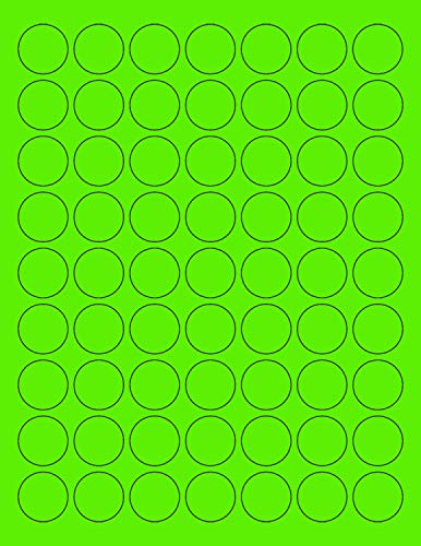 8-1/2 x 11" Neon Color High Light Fluorescent Labels for Laser & Inkjet Printer. Green Fluorescent, 1" Round - 63 per Page.