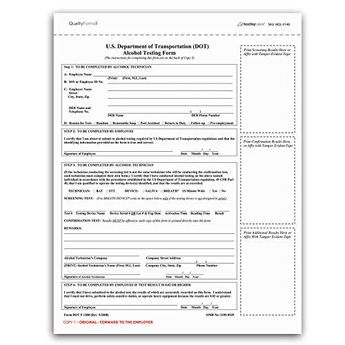 Pack of 100 Sets 3 Part Department of Transportation (DOT) Alcohol Testing Form
