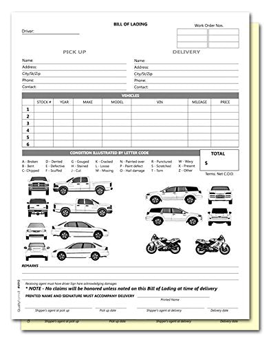 2 Part Vehicle Transport Bill of Lading Form (White/Yellow)