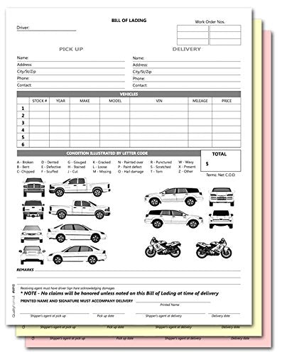 3 Part Vehicle Transport Bill of Lading Form (White/Yellow/Pink)