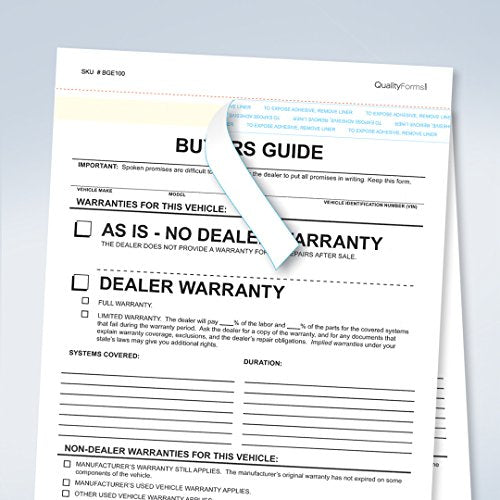 2-Part Buyers Guide Form - 100 Pack, 8.5"x11", No Tape, File Copy For Car Dealers & Lots (As-Is Warranty)