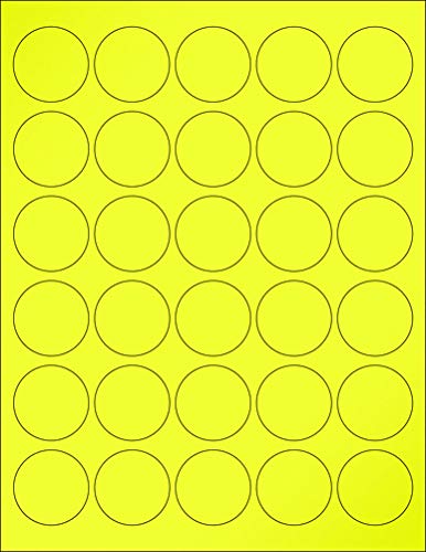 8-1/2 x 11" Neon Color High Light Fluorescent Labels for Laser & Inkjet Printer. Yellow Fluorescent, 1.5" Round - 30 Per Page.
