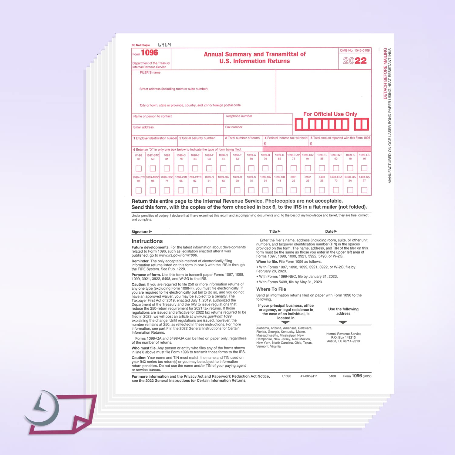 1096 Transmittal 2024 Tax Forms, Pack of 10, for Laser or Inkjet Print ...