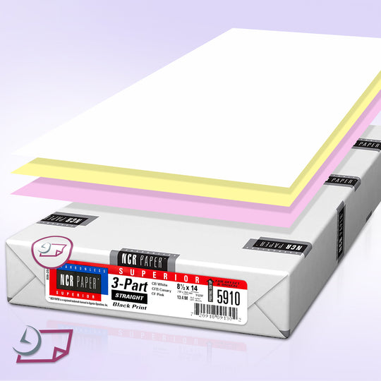 8.5" x 14" 3 Part NCR Superior White/Yellow/Pink Straight Collated Paper, Item #5910